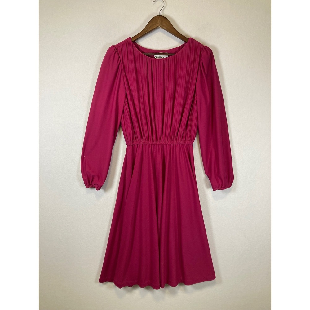 Vintage Sally Lou Women Magenta Pink Pleated Long Sleeve‎ Elastic Waist Dress